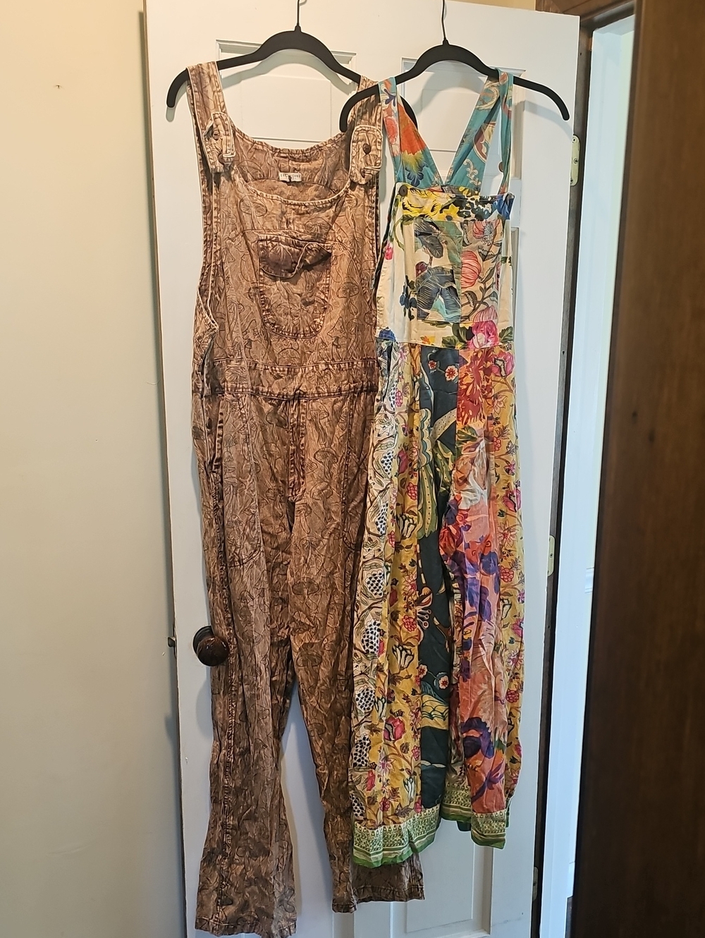 Pair Of Flowy Women's Overalls. Mushroom And Floral Pattern.